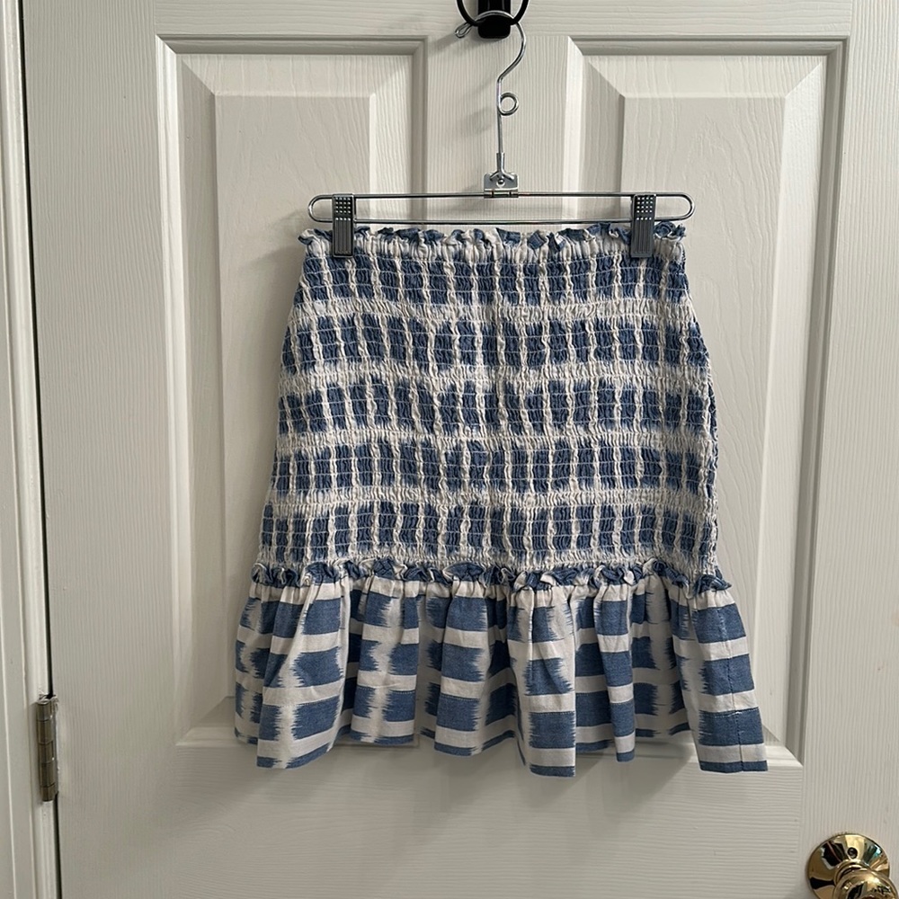 Veronica Beard Aloya Smocked Miniskirt blue and white size small